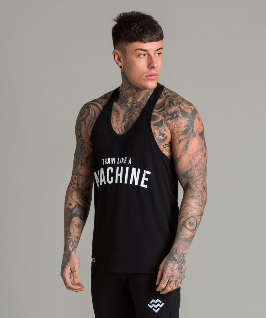 Train Like A Machine Tech Fabric Stringer Vest (Black/White) - Machine Fitness