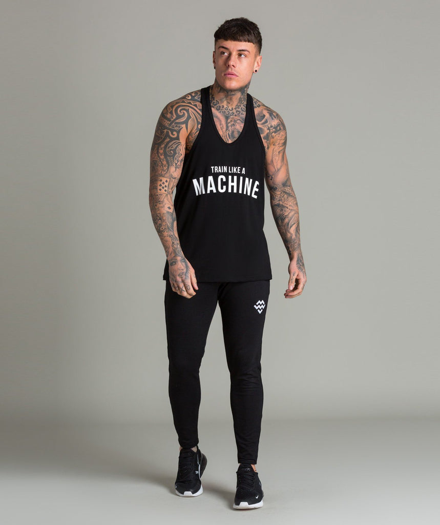 Train Like A Machine Tech Fabric Stringer Vest (Black/White) - Machine Fitness