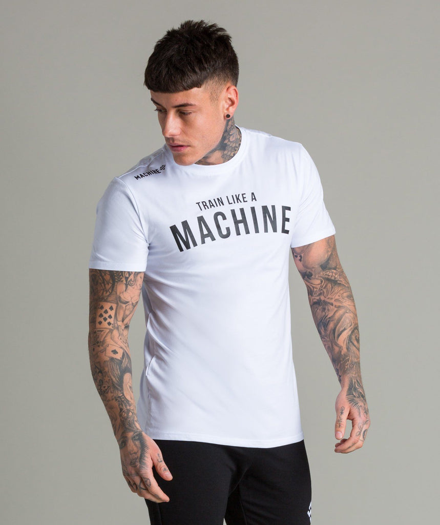 Train Like A Machine Tech Fabric T-Shirt (White) - Machine Fitness