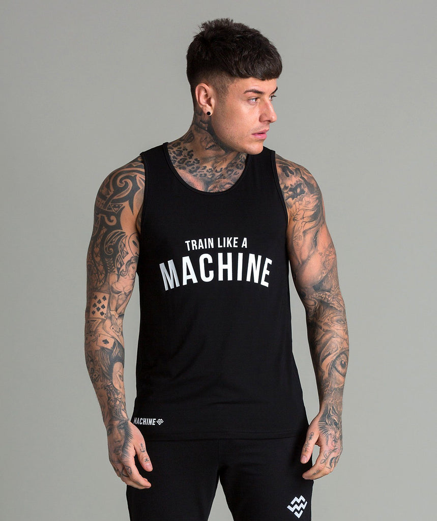 Train Like A Machine Tech Fabric Tank (Black/White) - Machine Fitness